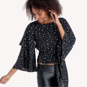 J.O.A. Women's Long Sleeve Black  Star Print Bell Sleeve Crop Blouse Top XS